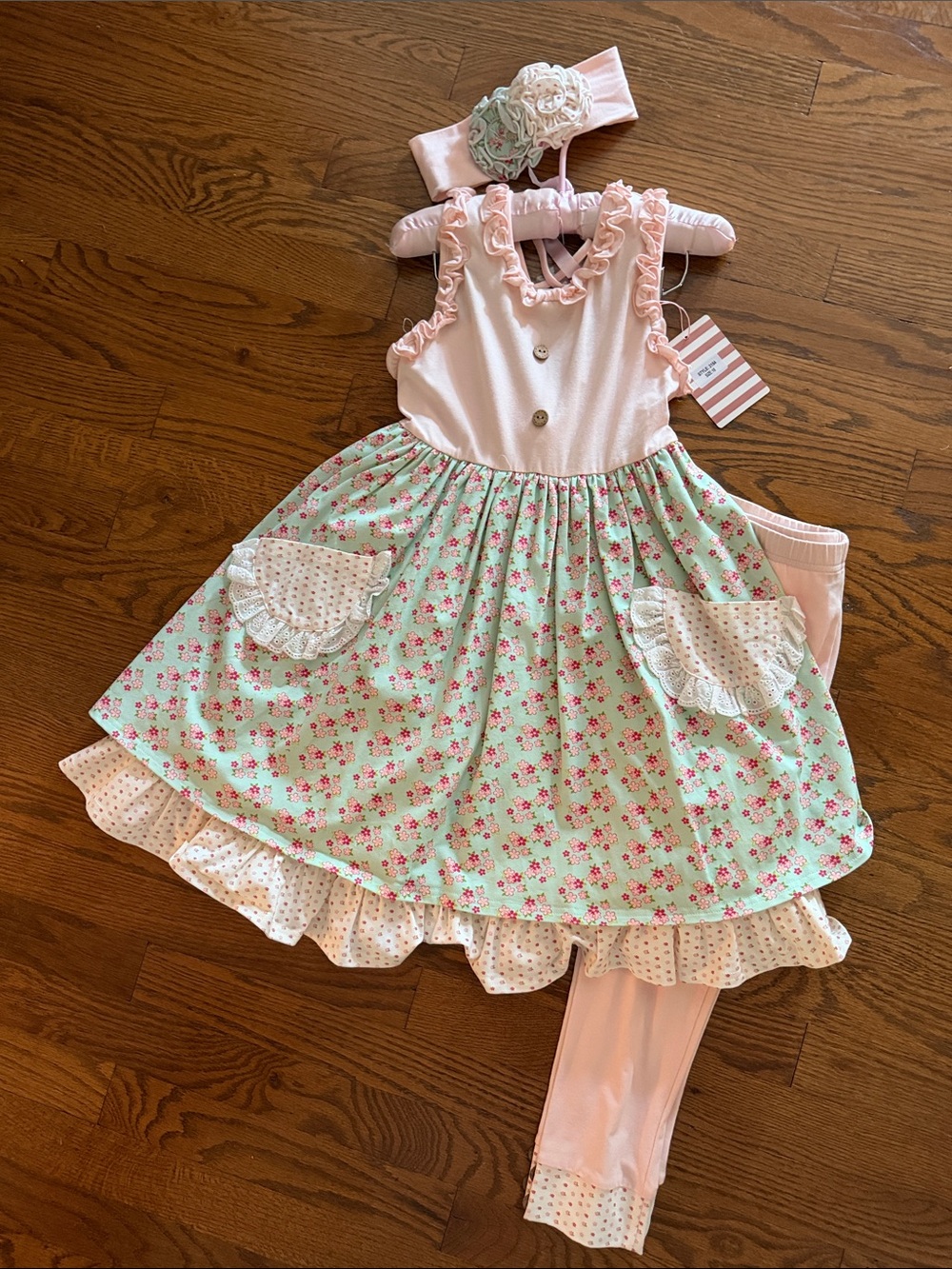Girls Pink & Mint Floral Ruffle Dress Set with Headband and Leggings